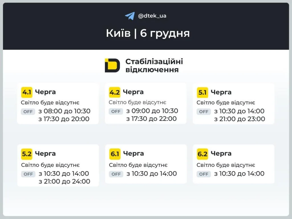 Термінові зміни в енергопостачанні: як діятимуть графіки відключень 6 грудня