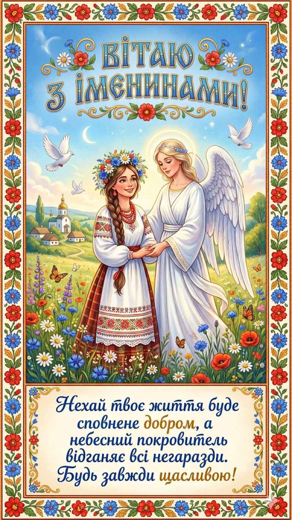 Вітаю з іменинами! Нехай твоє життя буде сповнене добром, а небесний покровитель відганяє всі негаразди. Будь завжди щасливою!