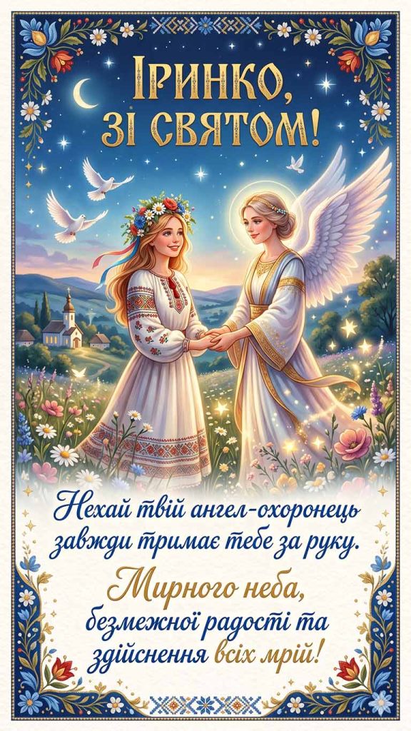 Іринко, зі святом! Нехай твій ангел-охоронець завжди тримає тебе за руку. Мирного неба, безмежної радості та здійснення всіх мрій!