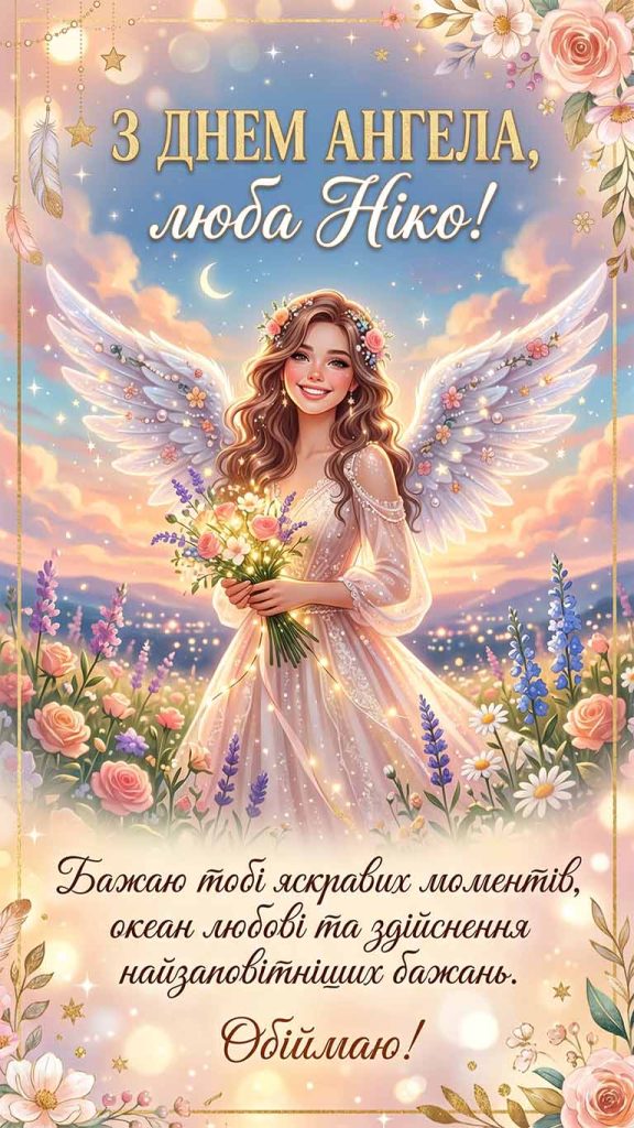 З Днем ангела, люба Ніко! Бажаю тобі яскравих моментів, океан любові та здійснення найзаповітніших бажань. Обіймаю!