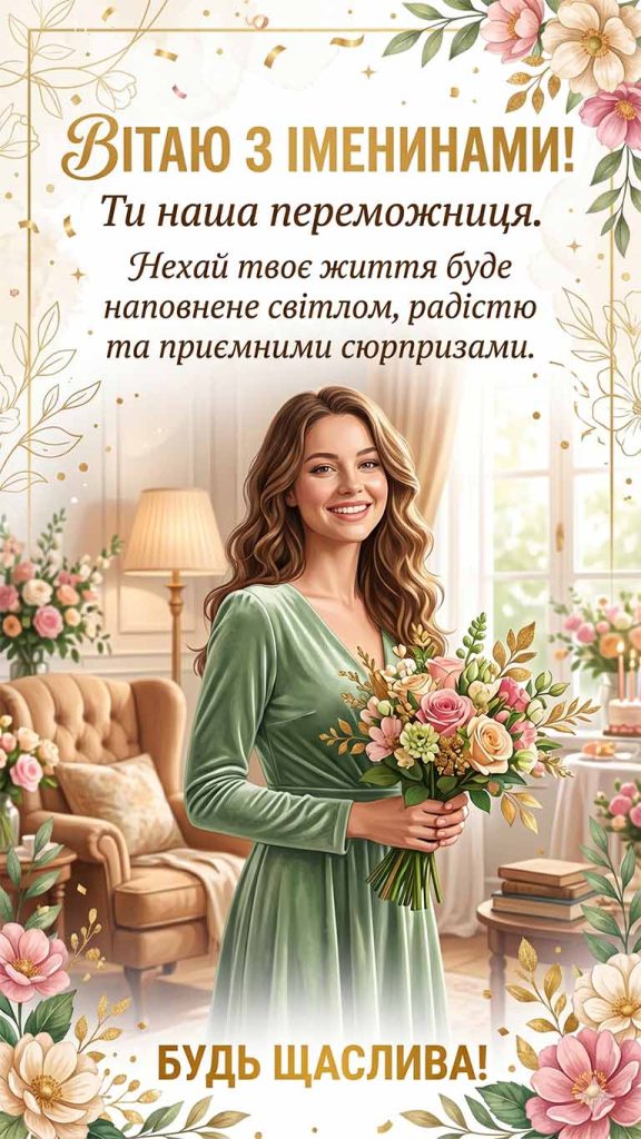 Вітаю з іменинами! Ти наша переможниця. Нехай твоє життя буде наповнене світлом, радістю та приємними сюрпризами. Будь щаслива!