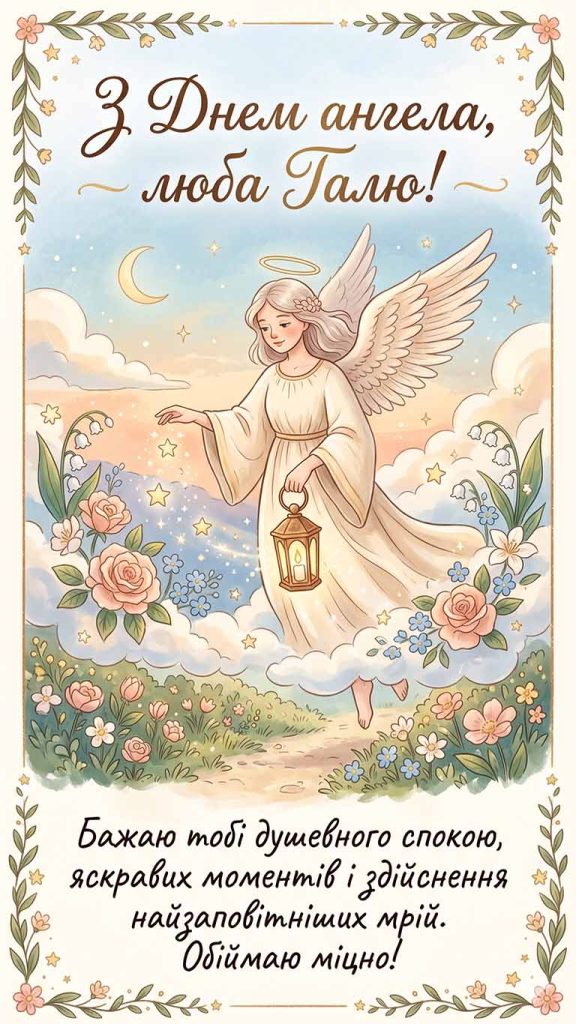 З Днем ангела, люба Галю! Бажаю тобі душевного спокою, яскравих моментів і здійснення найзаповітніших мрій. Обіймаю міцно!