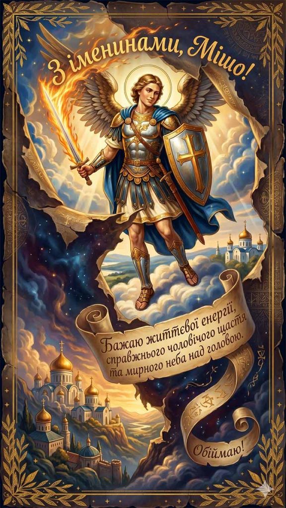 З іменинами, Мішо! Бажаю життєвої енергії, справжнього чоловічого щастя та мирного неба над головою. Обіймаю!