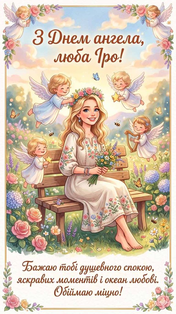З Днем ангела, люба Іро! Бажаю тобі душевного спокою, яскравих моментів і океан любові. Обіймаю міцно!