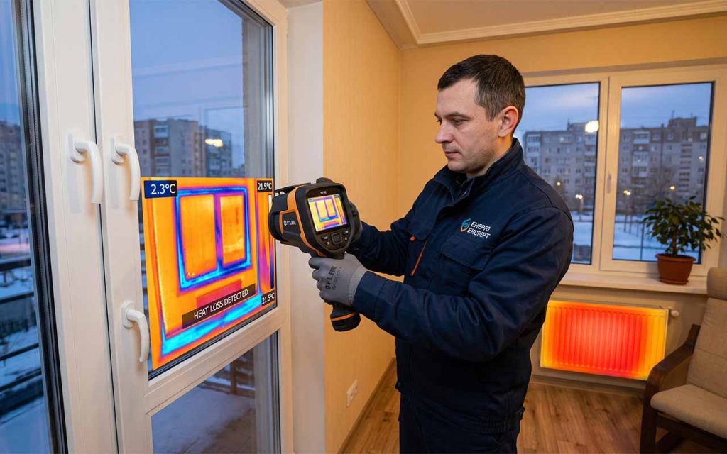 Чоловік з тепловізором перевіряє пластикове вікно у квартирі, на екрані приладу видно зони втрати тепла