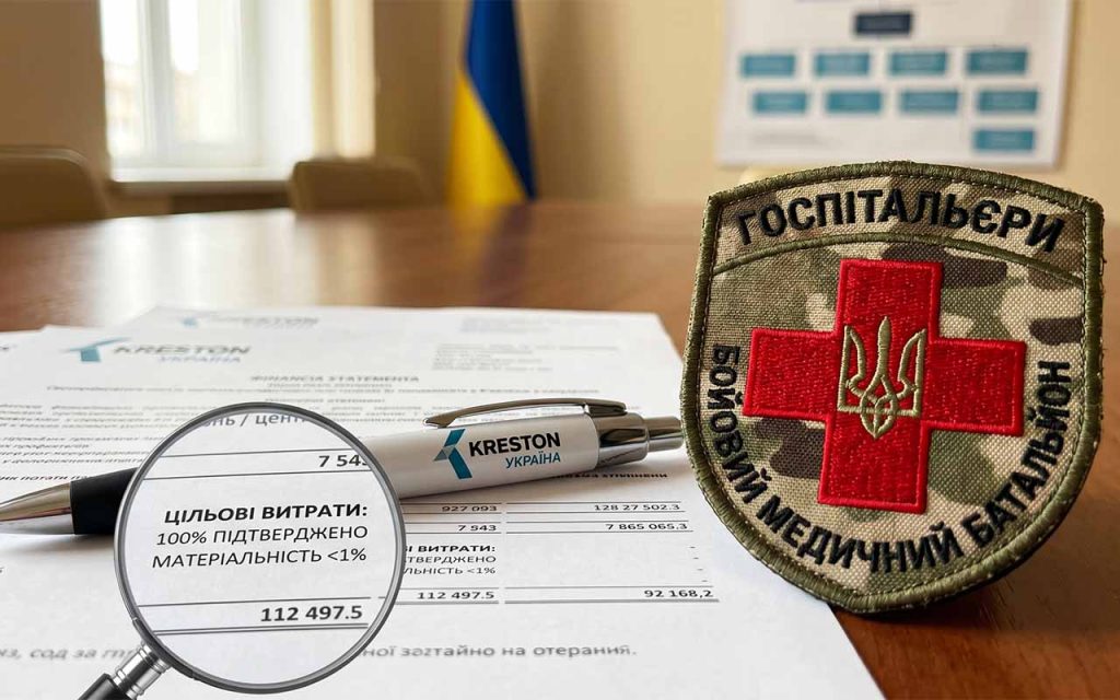 Документи з фінансовою звітністю на столі, поруч лежить шеврон батальйону "Госпітальєри" та ручка з логотипом аудиторської компанії