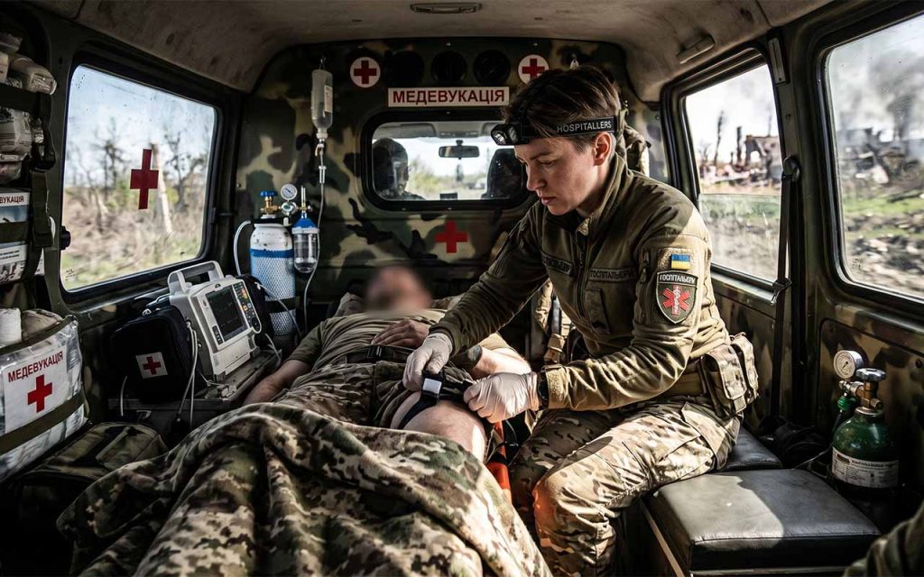 Медик-доброволець "Госпітальєрів" проводить евакуацію пораненого у спеціально обладнаному реанімобілі