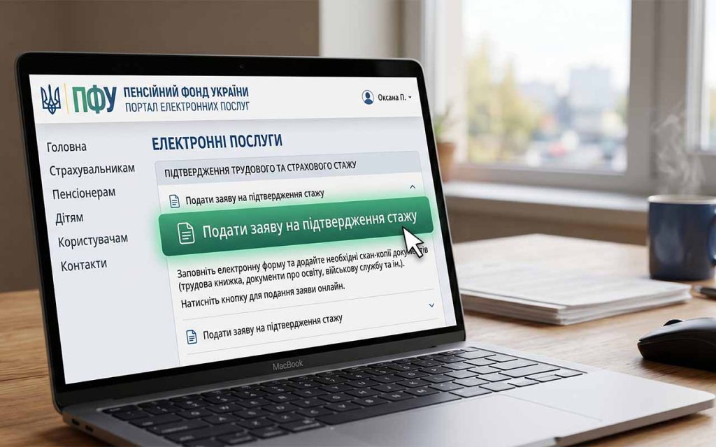 Інтерфейс порталу електронних послуг Пенсійного фонду України на екрані ноутбука, де курсор наведений на кнопку "Подати заяву на підтвердження стажу