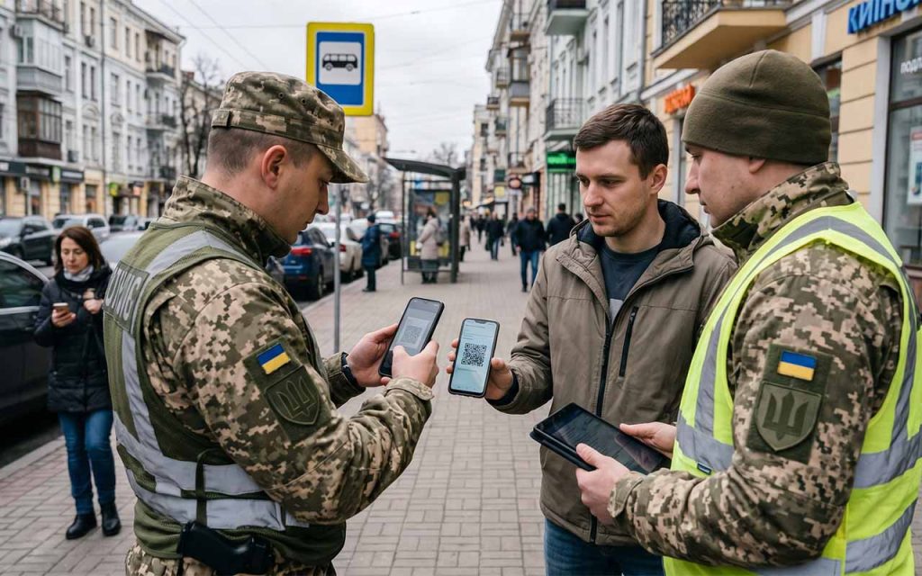 Патруль перевіряє QR-код військово-облікового документа у громадянина на вулиці