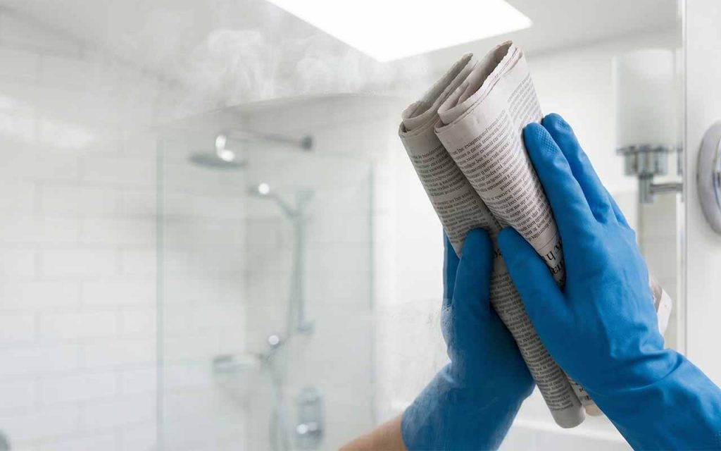 Рука в рукавичці протирає дзеркало у ванній кімнаті рулоном газети, бризки водяної пари, чисте відображення
