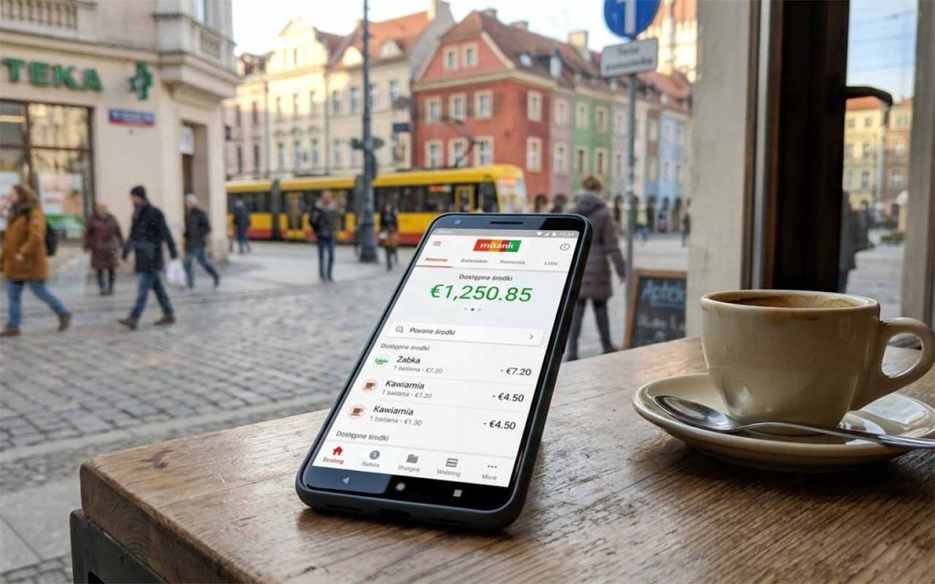 Смартфон із відкритим застосунком Revolut або подібного мобільного банку, на екрані — баланс у євро і злотих. Сучасний мінімалістичний інтер'єр, кавова чашка поруч