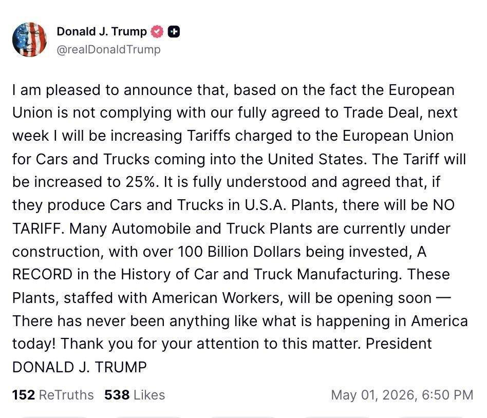 Трамп вводить 25% мита на європейські авто: геополітичний землетрус для автопрому