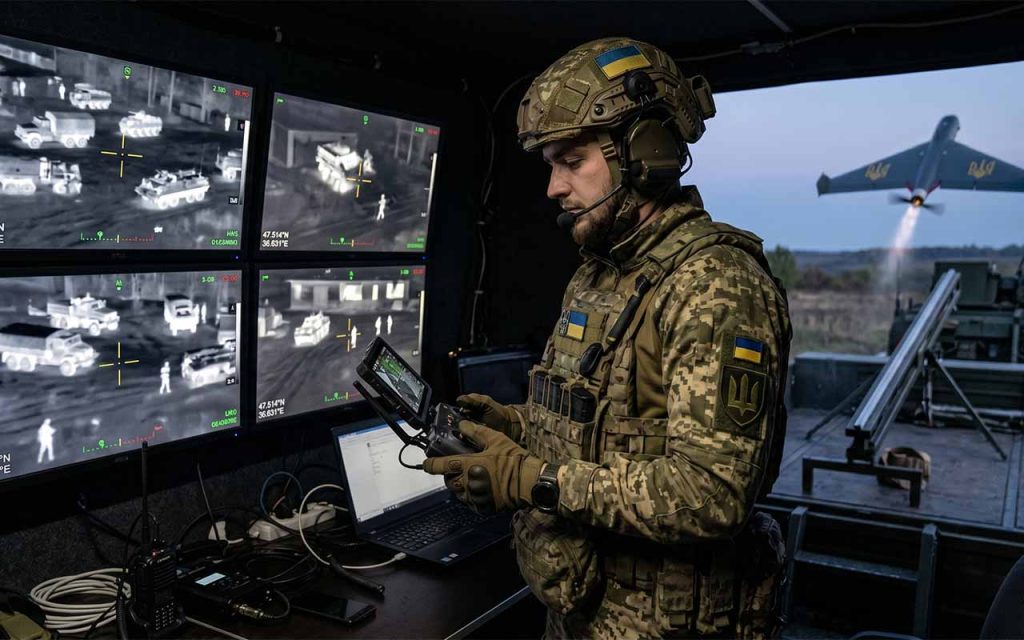 Український оператор БпЛА у спеціальному спорядженні здійснює запуск дрона-камікадзе літакового типу на тлі екранів з тепловізійним зображенням ворожих логістичних цілей