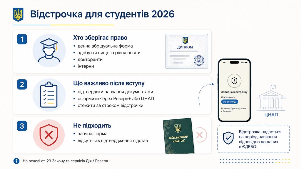 Відстрочка для студентів 2026: хто збереже право після вступу та коли його можна втратити