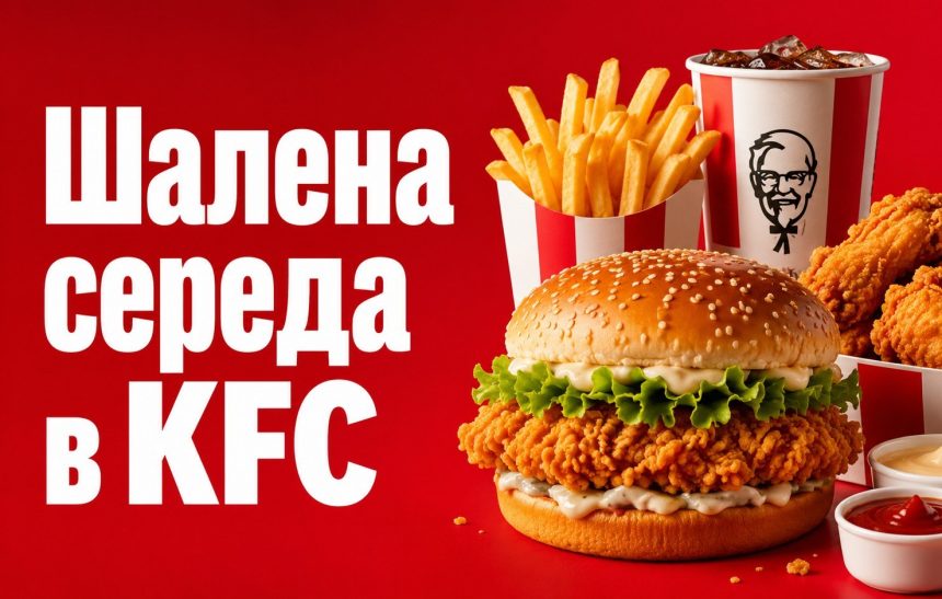 Шалена середа в KFC у липні 2026: дати акцій на Грандер Бургер, Дует Бакет, Боксмайстер, Твістер і нагетси, правила активації купонів у застосунку, самовивозу та Table Service — без доставки у липні.