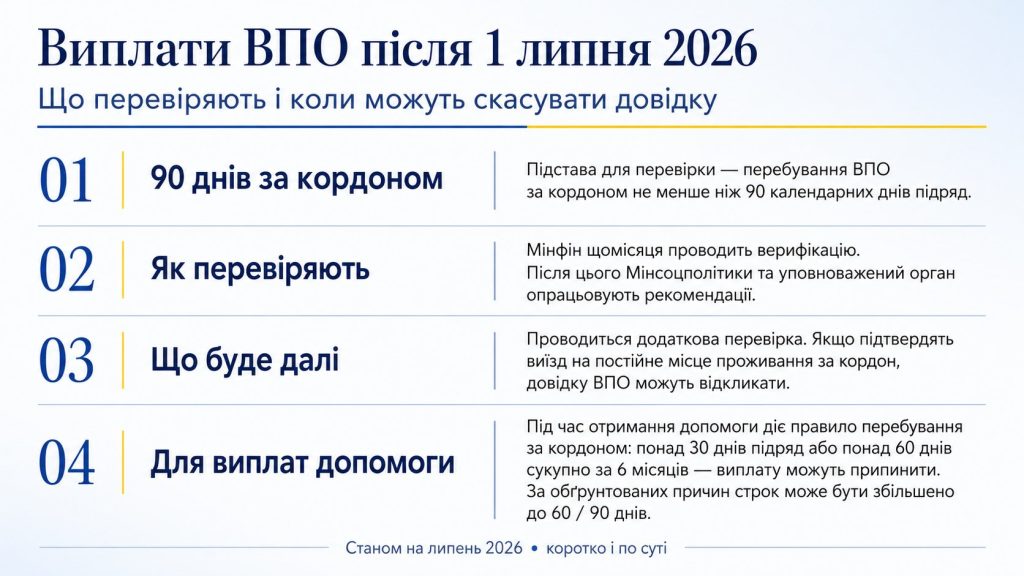 Виплати ВПО після 1 липня 2026: кому скасують довідку через 90 днів за кордоном