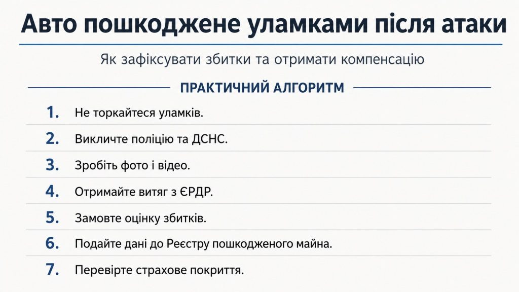 Авто пошкодило уламками дрона: що робити, куди звертатися і як отримати компенсацію