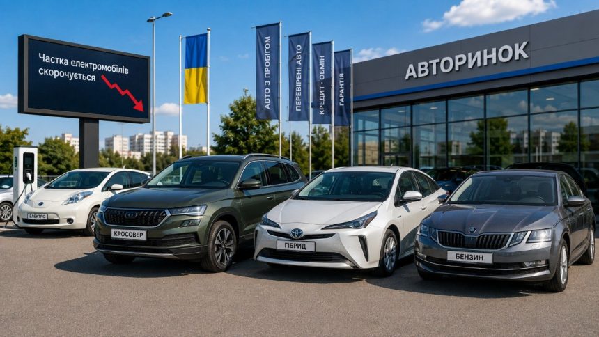 Частка електрокарів на ринку нових авто України у липні 2026 року впала до 7,3%. Які двигуни, марки й моделі обирали українці та як змінився ринок за рік — офіційні дані Укравтопрому. Дані та деталі.