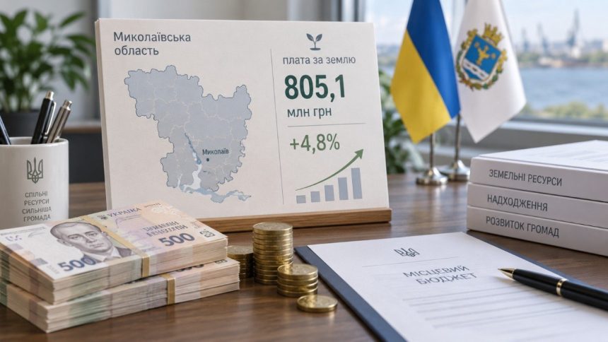 Місцеві бюджети Миколаївщини за січень–серпень 2026 року отримали 805,1 млн грн плати за землю. ДПС повідомила про зростання на 4,8% та нагадала строки сплати земельного податку фізособами.